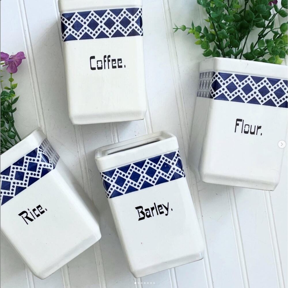 Vintage Marga Germany Blue White Canisters Barley Coffee Flour Rice NO LIDS x4